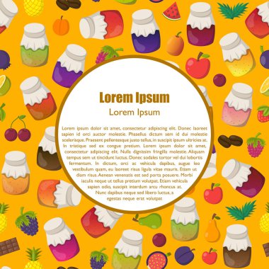 Reçel kavanoz koleksiyonu ile çizgi film illüstrasyon vektör: çilek, kiraz, elma, çilek, mango, limon, portakal. Tatlı reçel marmelat cam şişeler kümesi. Ev yapımı şeker arka plan korur