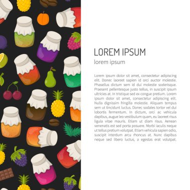 Reçel kavanoz koleksiyonu ile çizgi film illüstrasyon vektör: çilek, kiraz, elma, çilek, mango, limon, portakal. Tatlı reçel marmelat cam şişeler kümesi. Ev yapımı şeker arka plan korur