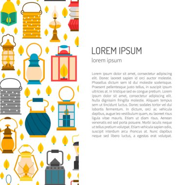 Vektör çizgi film illüstrasyon fenerler dizi: eski, modern, vintage. elektrikli lamba, mum. Dekoratif ışık kaynağı. Gaz veya petrol lamba başa. Kamp fenerler arka plan