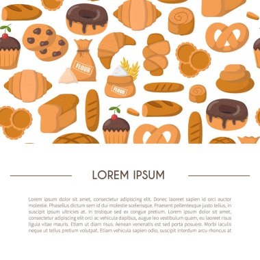 Vektör çizim karikatür Pastane Dükkanı arka plan ile. Pasta vektör nesneleri. Tatlı çörek, kruvasan, un, kek, çörek ürünleri. Vektör ekmek yiyecek. Pasta kahvaltı karikatür tatlı gıda