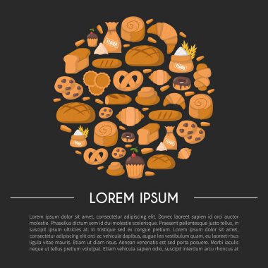 Vektör çizim karikatür Pastane Dükkanı arka plan ile. Pasta vektör nesneleri. Tatlı çörek, kruvasan, un, kek, çörek ürünleri. Vektör ekmek yiyecek. Pasta kahvaltı karikatür tatlı gıda