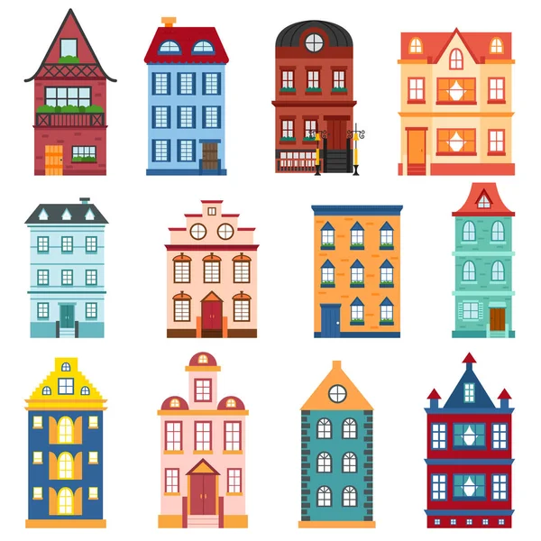 Ilustrasi Vektor Dengan Koleksi Rumah Kartun Datar Untuk Desain Kota - Stok Vektor