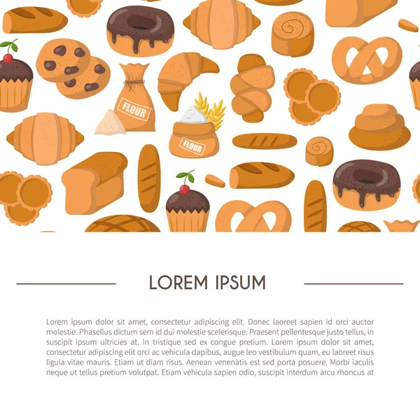 Vektör çizim karikatür Pastane Dükkanı arka plan ile. Pasta vektör nesneleri. Tatlı çörek, kruvasan, un, kek, çörek ürünleri. Vektör ekmek yiyecek. Pasta kahvaltı karikatür tatlı gıda