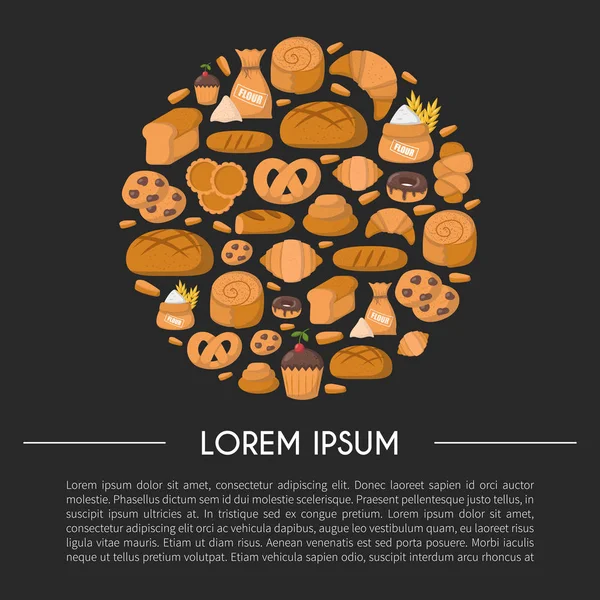 Vektör çizim karikatür Pastane Dükkanı arka plan ile. Pasta vektör nesneleri. Tatlı çörek, kruvasan, un, kek, çörek ürünleri. Vektör ekmek yiyecek. Pasta kahvaltı karikatür tatlı gıda