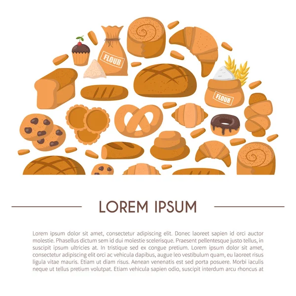 Vektör çizim karikatür Pastane Dükkanı arka plan ile. Pasta vektör nesneleri. Tatlı çörek, kruvasan, un, kek, çörek ürünleri. Vektör ekmek yiyecek. Pasta kahvaltı karikatür tatlı gıda