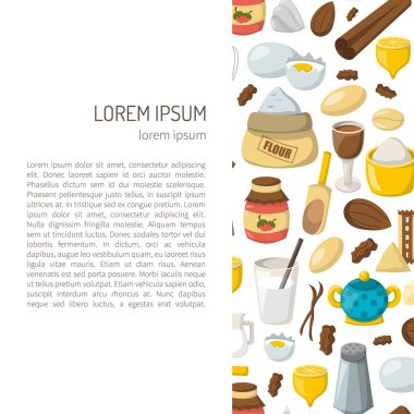 Malzemeler pişirme ile çizgi film illüstrasyon vektör. Maddeler arka plan yemek. Yemek pişirmek için vektör karikatür mutfak mutfak besin öğeleri. Çizgi film pasrty hazırlık vektör malzemeler