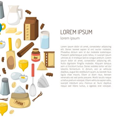 Malzemeler pişirme ile çizgi film illüstrasyon vektör. Maddeler arka plan yemek. Yemek pişirmek için vektör karikatür mutfak mutfak besin öğeleri. Çizgi film pasrty hazırlık vektör malzemeler