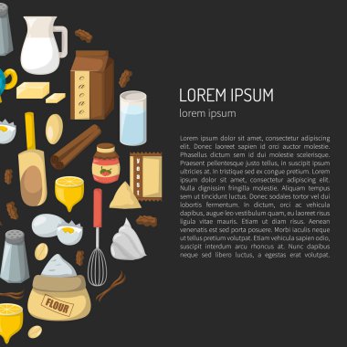 Malzemeler pişirme ile çizgi film illüstrasyon vektör. Maddeler arka plan yemek. Yemek pişirmek için vektör karikatür mutfak mutfak besin öğeleri. Çizgi film pasrty hazırlık vektör malzemeler