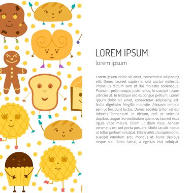 Şirin ekmek karakter çizgi film illüstrasyon vektör: çörek, çörek, peynirli kek, çörek, kruvasan. Ekmek veya hamur işi Dükkanı simgesi. Çocuk kitabı kapak illüstrasyon. Komik gülümseme ekmek arka plan