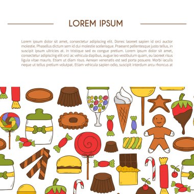 Vektör karikatür çizim el ile şeker dükkanı arka plan çizilmiş. Şeker şekerleme, lolipop, çikolata, gofret, bonbon içinde şirin el çekilmiş tarzı. Vektör çizgi film Şeker Diyarı