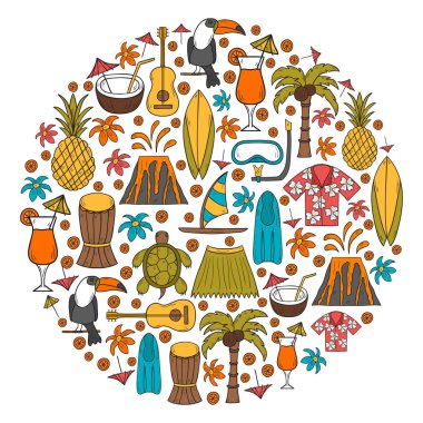 Vektör çizim karikatür ile çizilmiş hawaii arka plan ver. Tropik ada yaz seyahat. Kumsalları, gevşeme, palm, Hawaii Turizm. Çizgi film tatil arka plan vektör el çekilmiş