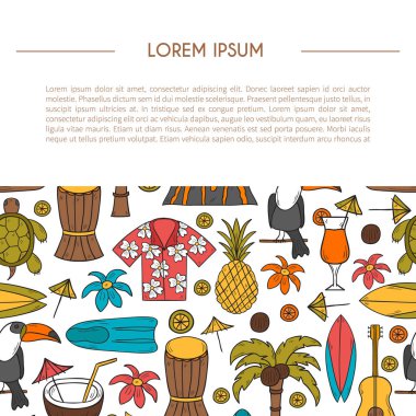 Vektör çizim karikatür ile çizilmiş hawaii arka plan ver. Tropik ada yaz seyahat. Kumsalları, gevşeme, palm, Hawaii Turizm. Çizgi film tatil arka plan vektör el çekilmiş