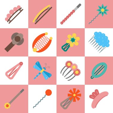 Vektör çizim karikatür düz saç tokaları simgesi olan. Saç aksesuarları nesneler. Güzellik tasarım. Kadın salon kavramı. Paris'te kadın ve kız için. Vektör düz simgeler kümesi. Kadın Güzellik Ekipmanları