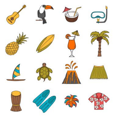 Vektör çizim karikatür ile çizilmiş hawaii simgeler ver. Tropik ada yaz seyahat. Kumsalları, gevşeme, palm, Hawaii Turizm. Çizgi film tatil simgeler vektör el çekilmiş