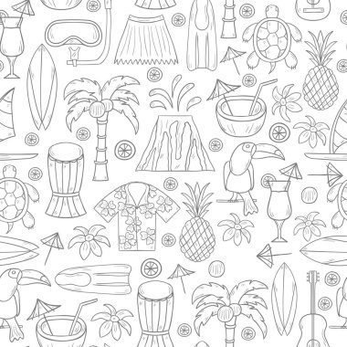 Vektör çizim karikatür ile çizilmiş hawaii arka plan ver. Tropik ada yaz seyahat. Kumsalları, gevşeme, palm, Hawaii Turizm. Çizgi film tatil arka plan vektör el çekilmiş