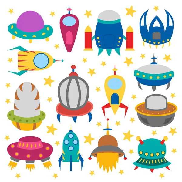 Vector Cartoon Illustration Collection Different Colorful Alien Spaceships Vector Ufo — Stock Vector