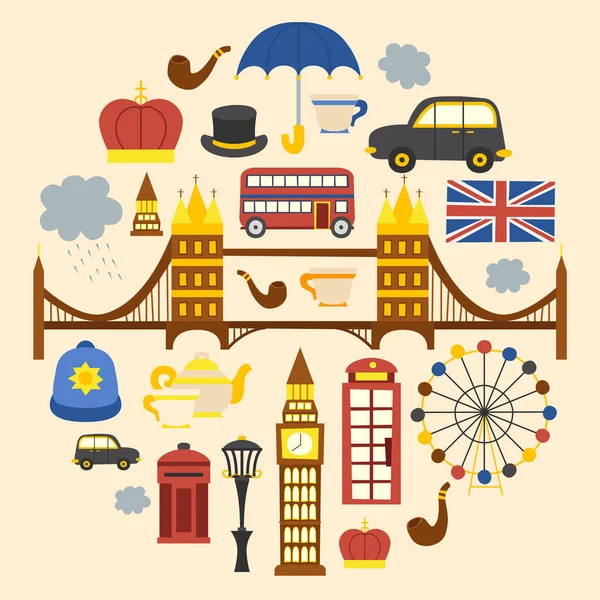 ロンドンの背景を持つベクトル漫画イラスト イギリスの概念への旅行します 漫画の英語オブジェクト 電話ボックス 英国旗 ビッグ 伝統的なティー ロンドン ブリッジ ロンドン観光 — ストックベクタ