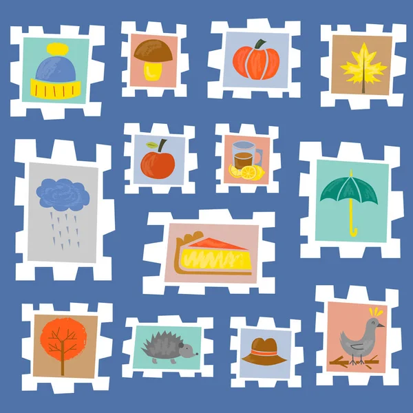 Vector Εικονογράφηση Απομονωθεί Καρτούν Φθινοπωρινές Εικόνες Κολοκύθας Φύλλα Βροχή Ομπρέλα — Διανυσματικό Αρχείο