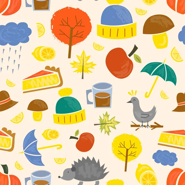 Vectorillustratie Met Cartoon Geïsoleerd Herfst Pictogrammen Pompoen Bladeren Regen Paraplu — Stockvector