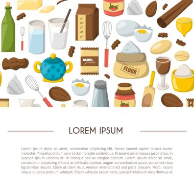 Malzemeler pişirme ile çizgi film illüstrasyon vektör. Maddeler arka plan yemek. Yemek pişirmek için vektör karikatür mutfak mutfak besin öğeleri. Çizgi film pasrty hazırlık vektör malzemeler