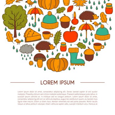 Vektör karikatür çizim el ile sonbahar arka plan çizilmiş. Kabak pasta, Türkiye, sonbahar yaprakları, yağmur, şemsiye, kavram hasat. Vektör Eylül, Ekim. Çizilmiş karikatür sonbahar arka plan el