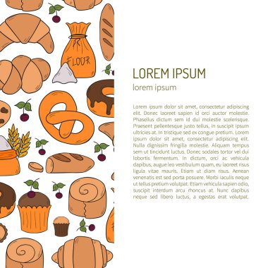 Vektör çizim karikatür pastane dükkanı arka plan ile. Pasrty vektör nesneleri. Tatlı çörek, kruvasan, un, kek, çörek ürünleri. Vektör ekmek yiyecek. Pasta kahvaltı karikatür tatlı gıda