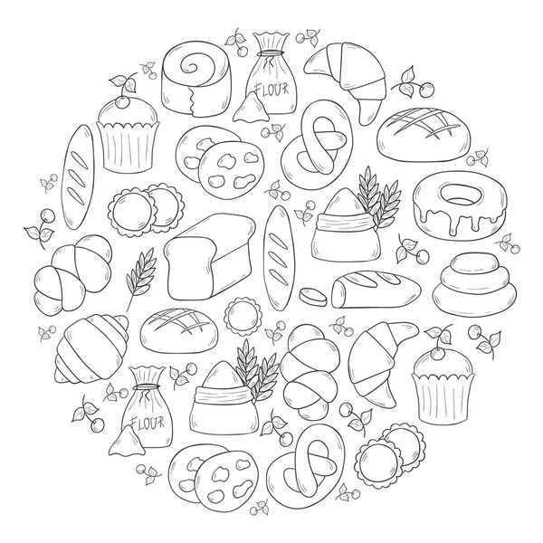 Vektör çizim karikatür pastane dükkanı arka plan ile. Pasrty vektör nesneleri. Tatlı çörek, kruvasan, un, kek, çörek ürünleri. Vektör ekmek yiyecek. Pasta kahvaltı karikatür tatlı gıda