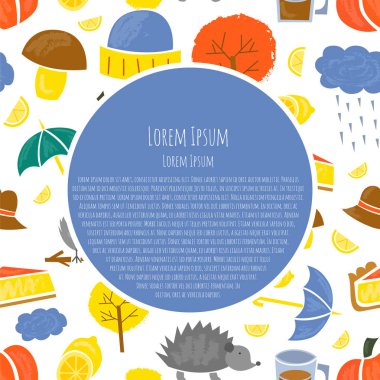İllüstrasyon izole karikatür sonbahar simgeleri ile vektör. Kabak, yaprakları, yağmur, şemsiye, kabak pasta, ağaç, limonlu çay. Güz sezon sonbahar nesneler. Çizgi film arka plan