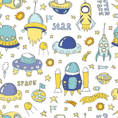 Farklı renkli uzaylı uzay topluluğu ile vektör karikatür çizim. Vektör Ufo simgesi. Sevimli uzay gökada nesneleri. Çocuk kitap veya kapak illüstrasyon. Çizilmiş roket arka plan el