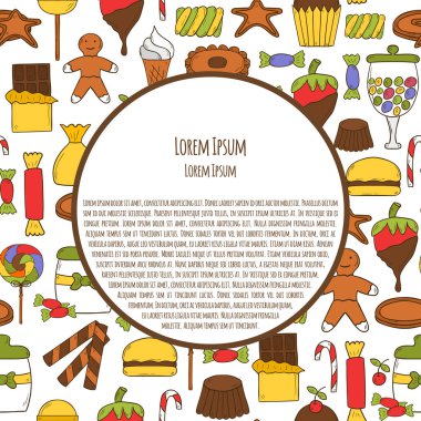 Vektör karikatür çizim el ile şeker dükkanı arka plan çizilmiş. Şeker şekerleme, lolipop, çikolata, gofret, bonbon içinde şirin el çekilmiş tarzı. Vektör çizgi film Şeker Diyarı