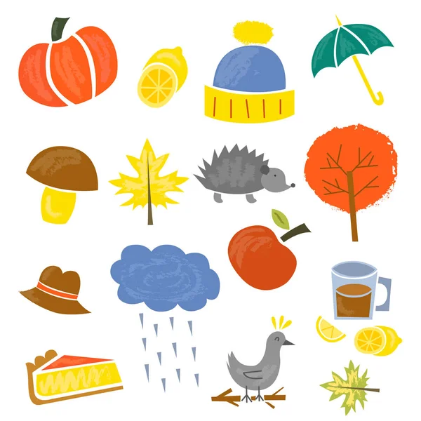 Vector Illustration Cartoon Isolated Autumn Icons Pumpkin Leaves Rain Umbrella — Stock Vector