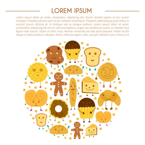 Ilustrasi Kartun Vektor Dengan Karakter Roti Yang Lucu Bun Muffin - Stok Vektor