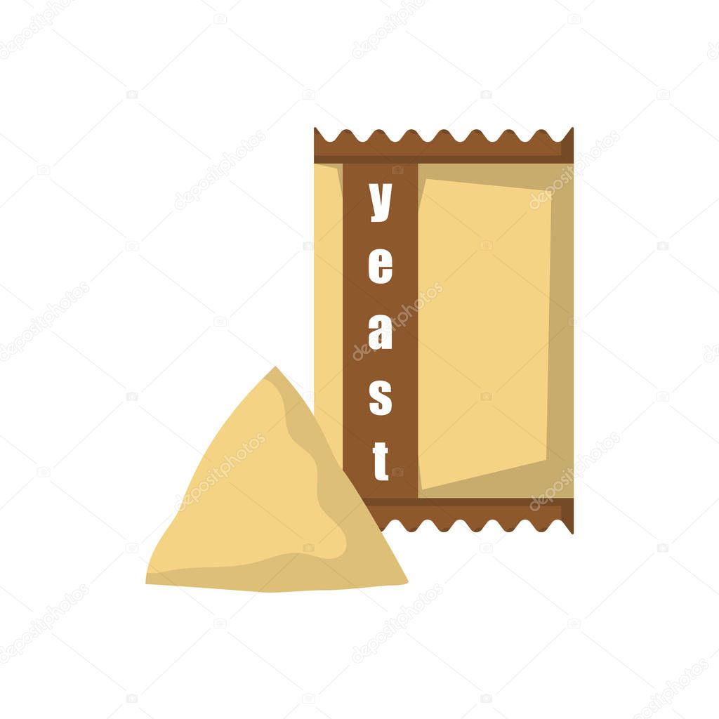 Vector cartoon isolated dry yeast in bag. Baking ingredient icon. Isolated bread rising ingredient on white background
