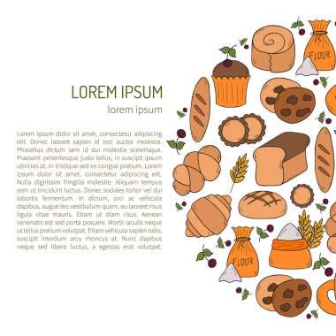 Vektör çizim karikatür Pastane Dükkanı arka plan ile. Pasta vektör nesneleri. Tatlı çörek, kruvasan, un, kek, çörek ürünleri. Vektör ekmek yiyecek. Pasta kahvaltı karikatür tatlı gıda