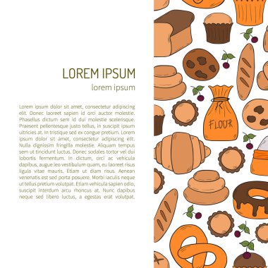 Vektör çizim karikatür Pastane Dükkanı arka plan ile. Pasta vektör nesneleri. Tatlı çörek, kruvasan, un, kek, çörek ürünleri. Vektör ekmek yiyecek. Pasta kahvaltı karikatür tatlı gıda