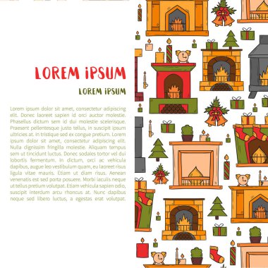 Vektör karikatür çizim şirin el ile şömine arka plan çizilmiş. Şömine farklı tür: Klasik, retro, tuğla, ahşap, metalik. Evin iç. Noel kavramı. Sıcak sıcak şömine