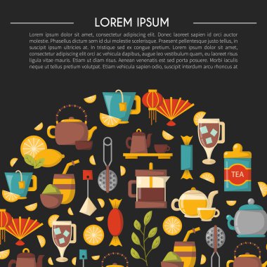 Çay töreni arka plan ile çizgi film illüstrasyon vektör: bardak, çaydanlık, limon, çay poşetleri, otlar, tatlılar, dostum. Geleneksel İngilizce çay zamanı nesneleri. Sıcak Çinli içecek. Kahvaltı tasarım