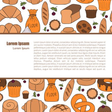 Vektör çizim karikatür pastane dükkanı arka plan ile. Pasrty vektör nesneleri. Tatlı çörek, kruvasan, un, kek, çörek ürünleri. Vektör ekmek yiyecek. Pasta kahvaltı karikatür tatlı gıda