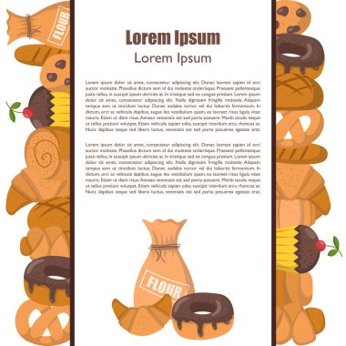 Vektör çizim karikatür pastane dükkanı arka plan ile. Pasrty vektör nesneleri. Tatlı çörek, kruvasan, un, kek, çörek ürünleri. Vektör ekmek yiyecek. Pasta kahvaltı karikatür tatlı gıda