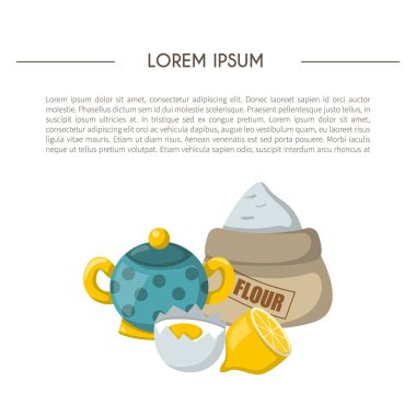 Malzemeler pişirme ile çizgi film illüstrasyon vektör. Maddeler arka plan yemek. Yemek pişirmek için vektör karikatür mutfak mutfak besin öğeleri. Çizgi film pasrty hazırlık vektör malzemeler