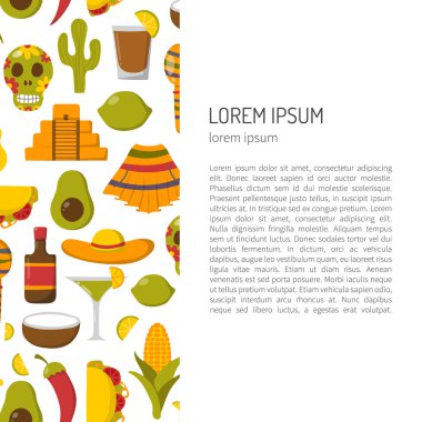 Meksika simgesi olan çizgi film illüstrasyon vektör: fötr şapka, Kızılderili şapka, tekila, margarita, biber, limon, palm, kafatası, Meksika yemeği, kaktüs, gitar, piramit. Meksika kavramı arka plan için seyahat