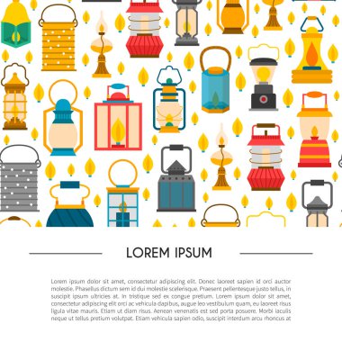 Vektör çizgi film illüstrasyon fenerler dizi: eski, modern, vintage. elektrikli lamba, mum. Dekoratif ışık kaynağı. Gaz veya petrol lamba başa. Kamp fenerler arka plan