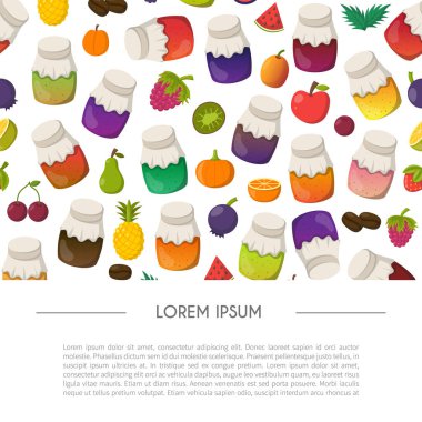 Reçel kavanoz koleksiyonu ile çizgi film illüstrasyon vektör: çilek, kiraz, elma, çilek, mango, limon, portakal. Tatlı reçel marmelat cam şişeler kümesi. Ev yapımı şeker arka plan korur