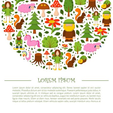 Vektör çizim, karikatür çocuk orman arka plan sihirli. Peri masalı, fantastik, büyülü nesneleri. Çocuk kitap kapağı, illüstrasyon vektör. Çizgi film şirin kart, sihirli ağaç, orman yaratıkları, tek boynuzlu at