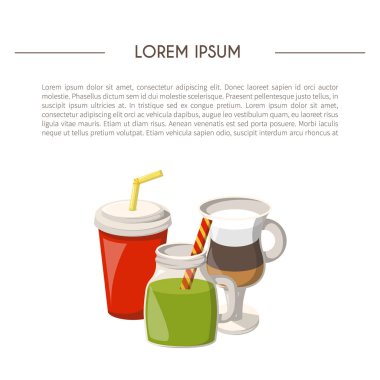 Vektör çizim karikatür alkolsüz içecekler arka plan ile. Gözlük karikatür içecekler: su, çay, soda, meyve suyu, limonata, kahve, süt kokteyl. Alkolsüz içecekler vektör arka plan