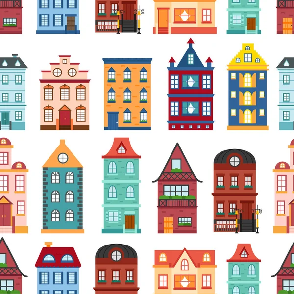 Векторная Иллюстрация Коллекцией Плоских Мультипликационных Домов Городского Городского Дизайна Городской — стоковый вектор