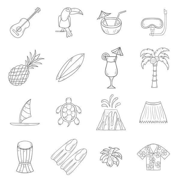 Ilustracja Wektorowa Kreskówki Ręcznie Rysowane Ikony Hawajach Tropikalna Wyspa Lato — Wektor stockowy