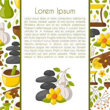 Vektör çizim karikatür ayurveda arka plan ile. Sağlık tedavi, sağlık ve vücut bakımı, spa alternatif tıp. Vektör karikatür ayurveda arka plan. Gevşeme, Ayurvedik Tıp vektör