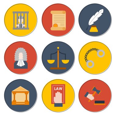 Vektör çizim karikatür düz hukuk adalet simgeleri ile ayarlayın. Yargıç mahkeme tasarım. Deneme avukat, suç vektör arka plan