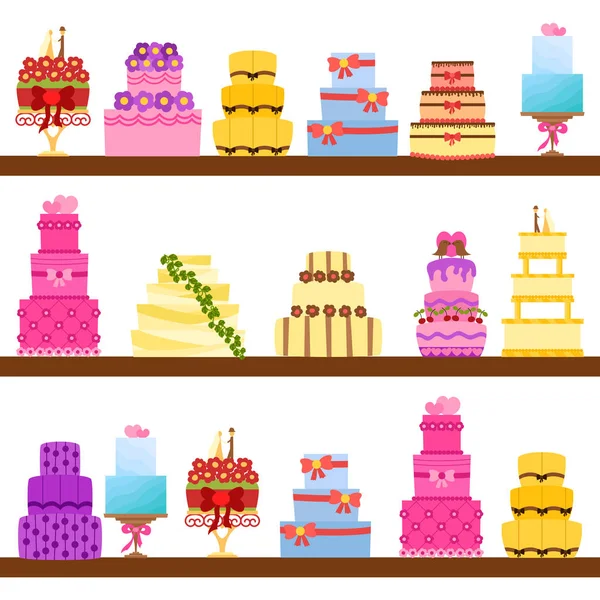 Vektor Cartoon Illustration Mit Flachen Hochzeitstorten Hintergrund Süße Backwaren Dessert — Stockvektor